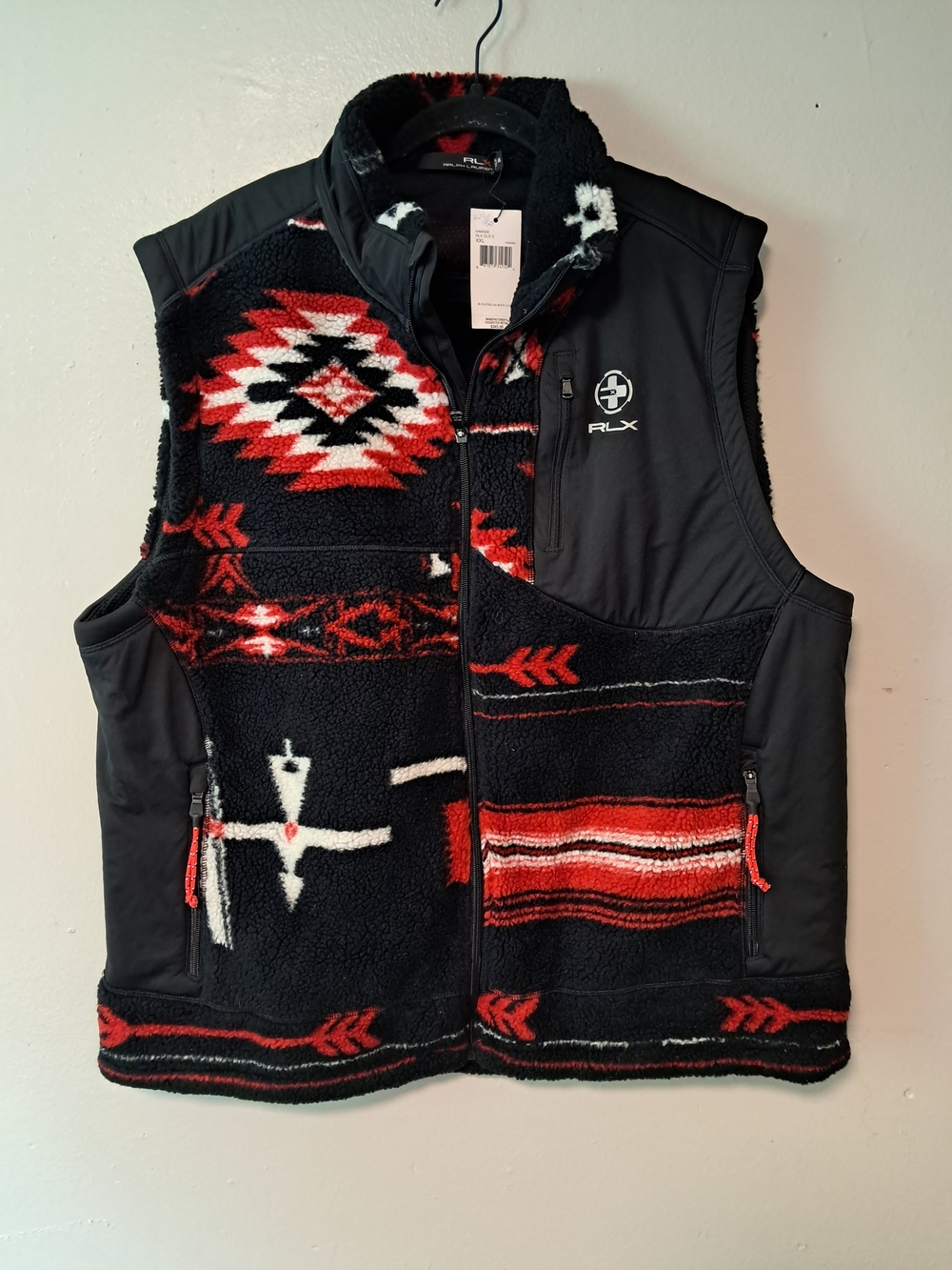 New RLX Ralph Lauren Black & Red Aztec Sherpa Vest